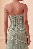 Sparkly Sage Green Tulle Feathered Sequin Mermaid Draped Long Evening Dress
