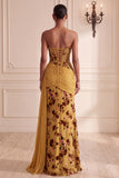 Ginger Yellow Floral Corset Sheath Draped Long Formal Dress with Side Cape