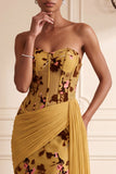 Ginger Yellow Floral Corset Sheath Draped Long Formal Dress with Side Cape