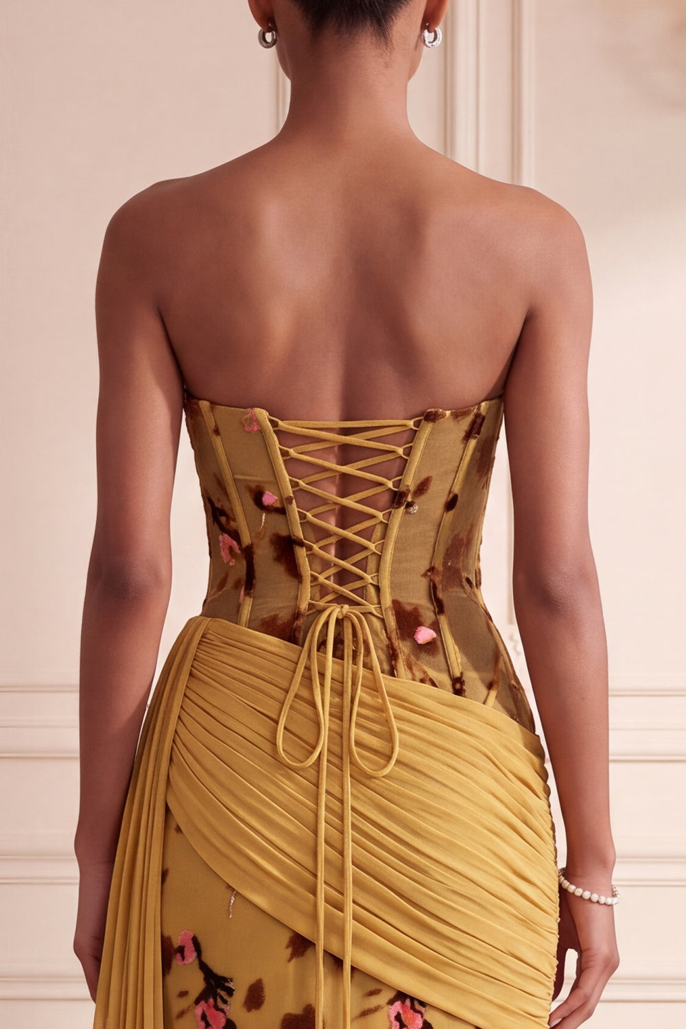 Ginger Yellow Floral Corset Sheath Draped Long Formal Dress with Side Cape
