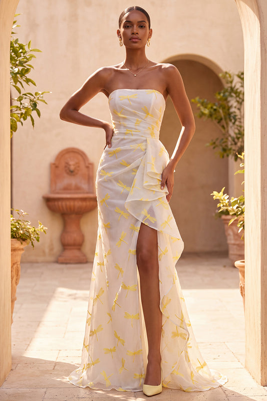 Ivory Dragonfly Printed Corset Ruffled Mermaid Ruched Long Formal Dress with Slit