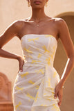 Ivory Dragonfly Printed Corset Ruffled Mermaid Ruched Long Formal Dress with Slit
