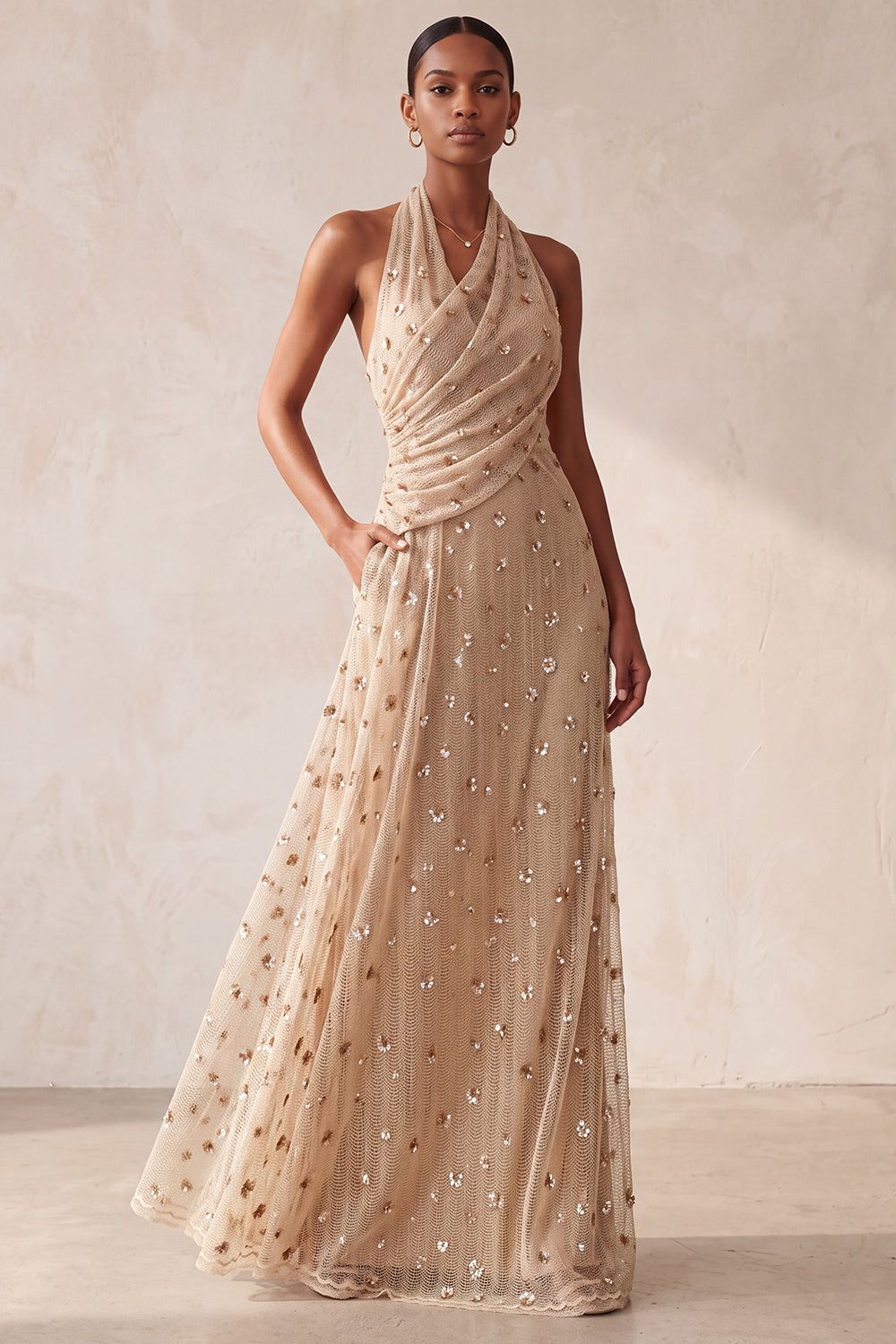 Sparkly Khaki A-Line Halter Floral Ruched Long Evening Dress with Pocket