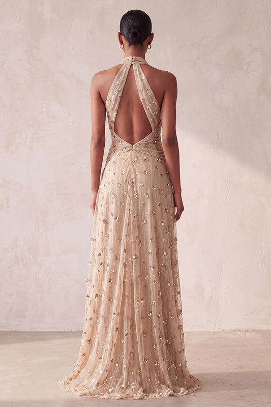 Sparkly Khaki A-Line Halter Floral Ruched Long Evening Dress with Pocket