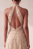 Sparkly Khaki A-Line Halter Floral Ruched Long Evening Dress with Pocket
