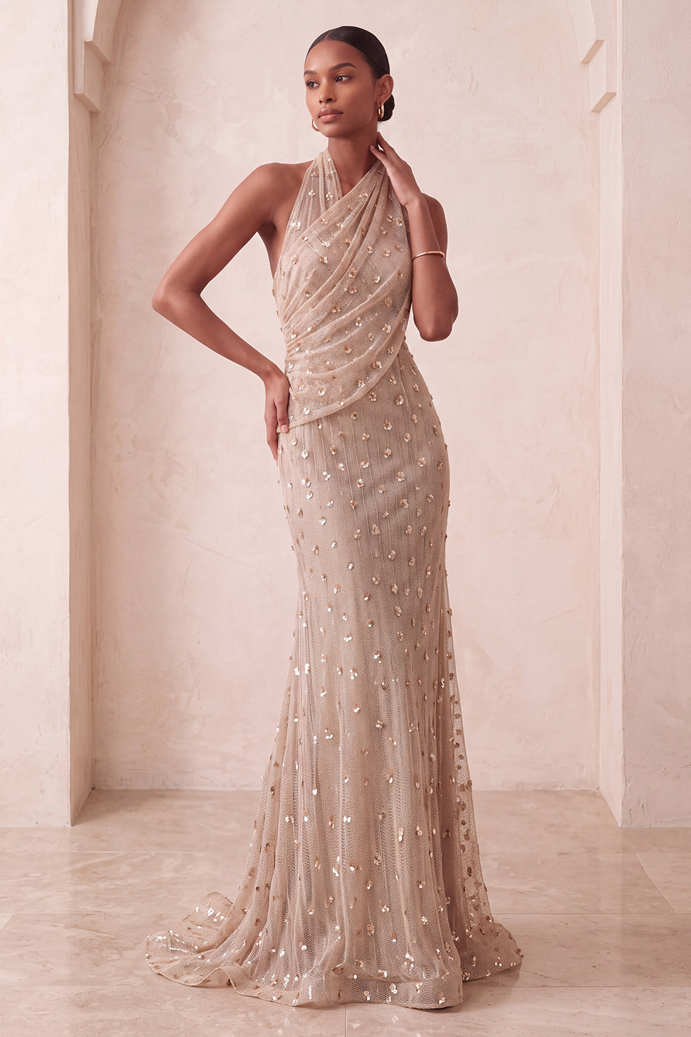 Sparkly Khaki Mermaid Halter Ruched Long Evening Dress with 3D Flowers