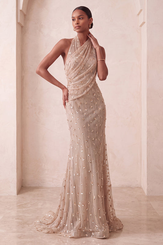Sparkly Khaki Mermaid Halter Ruched Long Evening Dress with 3D Flowers