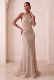 Sparkly Khaki Mermaid Halter Ruched Long Evening Dress with 3D Flowers