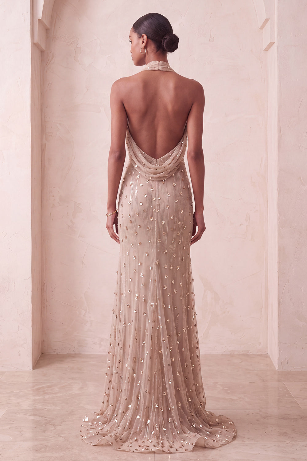 Sparkly Khaki Mermaid Halter Ruched Long Evening Dress with 3D Flowers