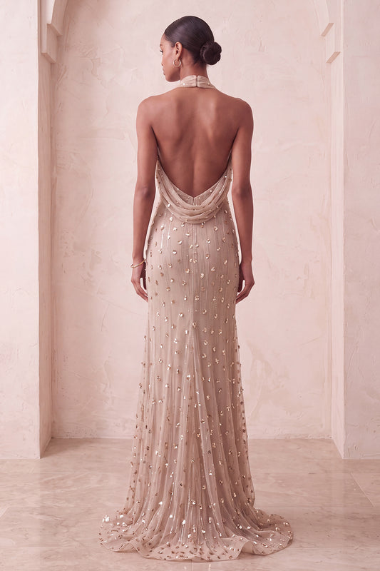 Sparkly Khaki Mermaid Halter Ruched Long Evening Dress with 3D Flowers
