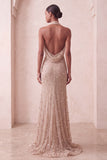 Sparkly Khaki Mermaid Halter Ruched Long Evening Dress with 3D Flowers