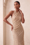 Sparkly Khaki Mermaid Halter Ruched Long Evening Dress with 3D Flowers