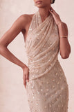 Sparkly Khaki Mermaid Halter Ruched Long Evening Dress with 3D Flowers