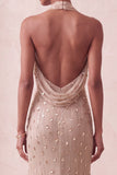 Sparkly Khaki Mermaid Halter Ruched Long Evening Dress with 3D Flowers