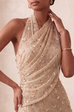 Sparkly Khaki Mermaid Halter Ruched Long Evening Dress with 3D Flowers