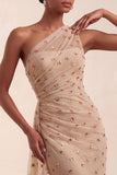 Sparkly Khaki Mermaid Floral Ruched Long Evening Dress with Side Cape