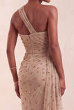 Sparkly Khaki Mermaid Floral Ruched Long Evening Dress with Side Cape