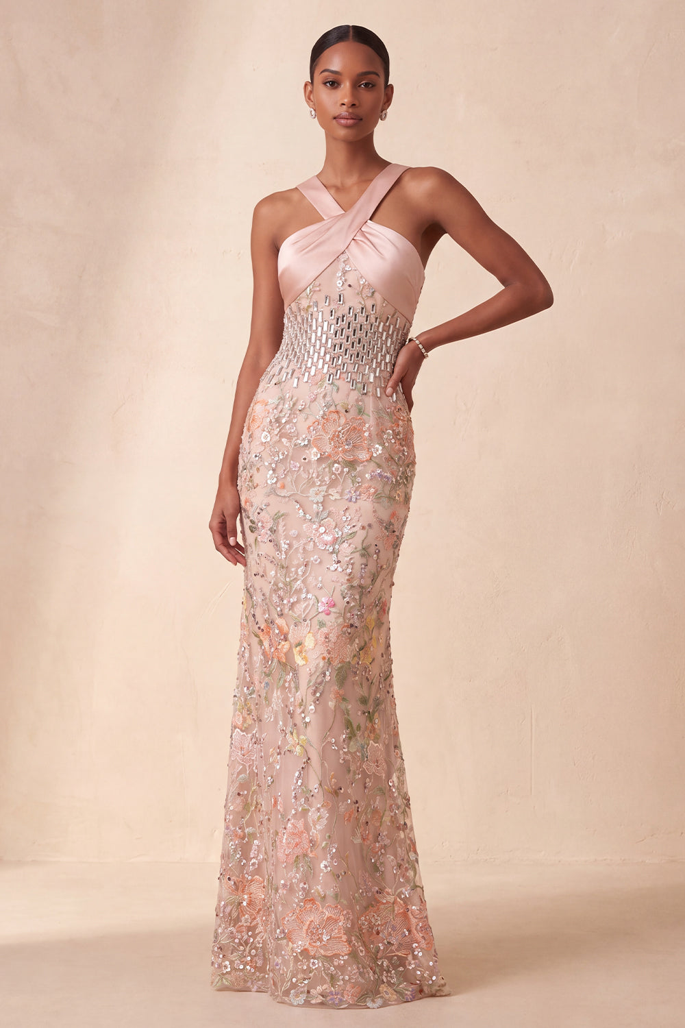 Sparkly Sheath Floral Halter Sequin Long Prom Dress with Mirror