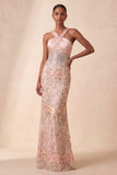 Sparkly Sheath Floral Halter Sequin Long Prom Dress with Mirror