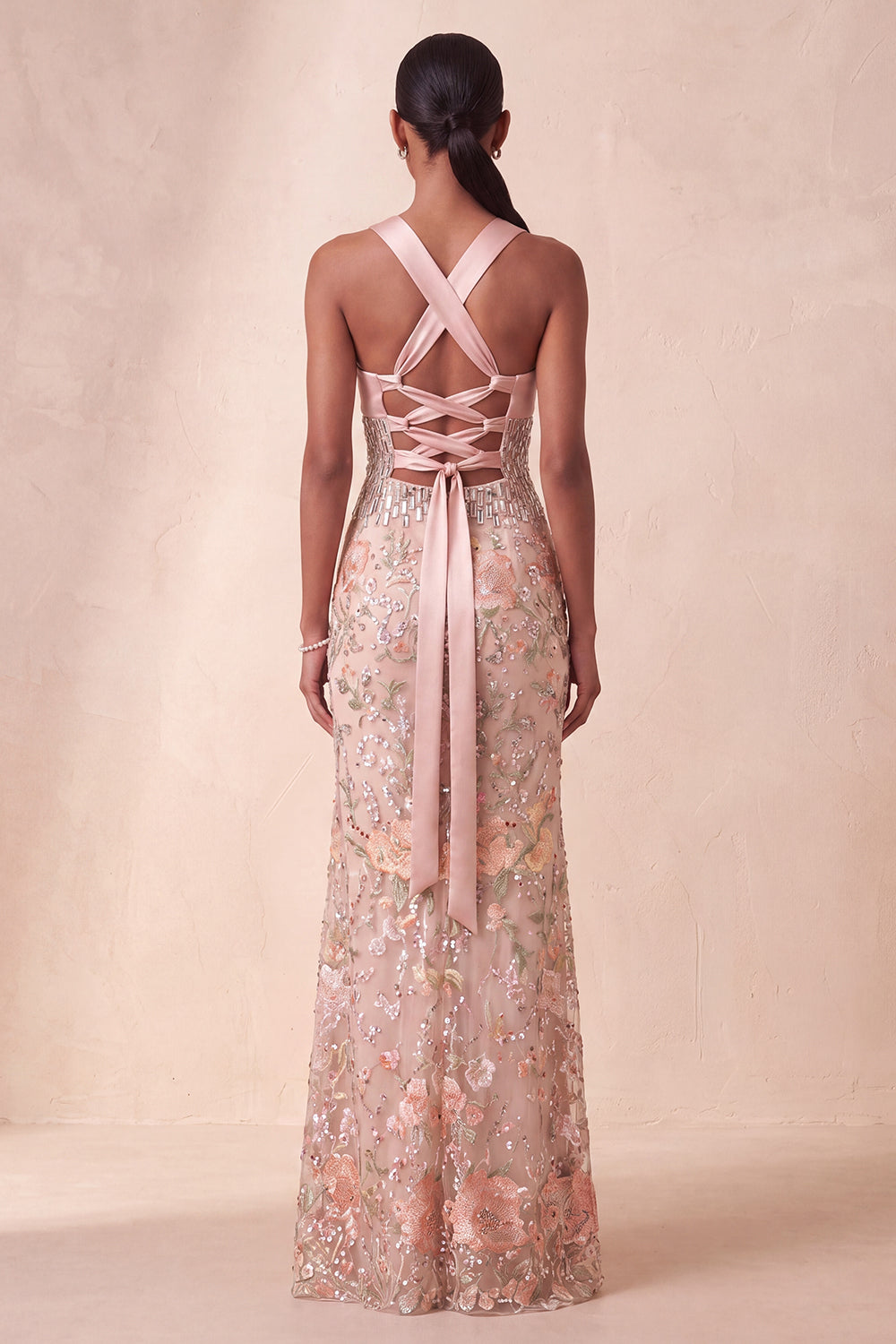 Sparkly Sheath Floral Halter Sequin Long Prom Dress with Mirror