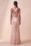 Sparkly Sheath Floral Halter Sequin Long Prom Dress with Mirror