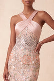 Sparkly Sheath Floral Halter Sequin Long Prom Dress with Mirror