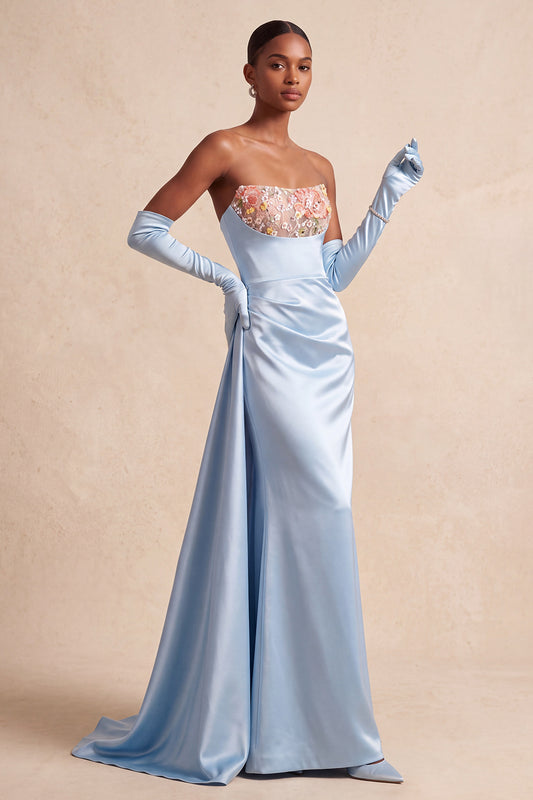 Sky Blue Satin Floral Mermaid Strapless Long Formal Dress with Side Cape