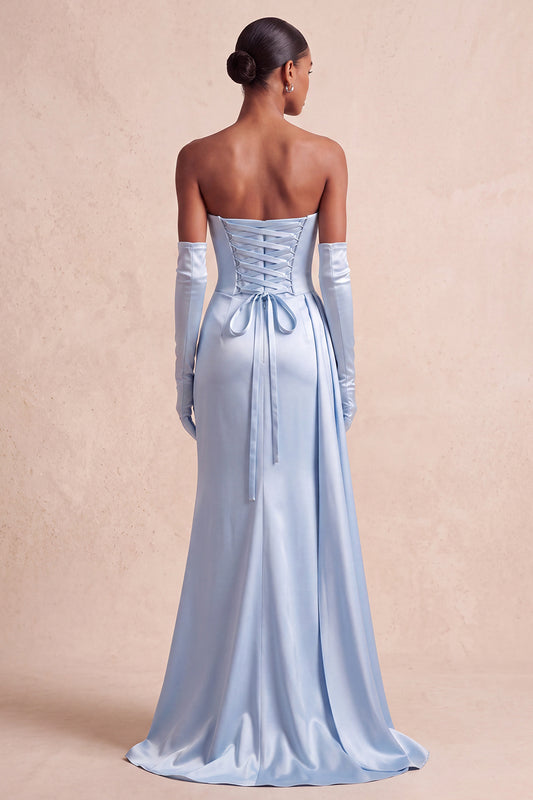 Sky Blue Satin Floral Mermaid Strapless Long Formal Dress with Side Cape