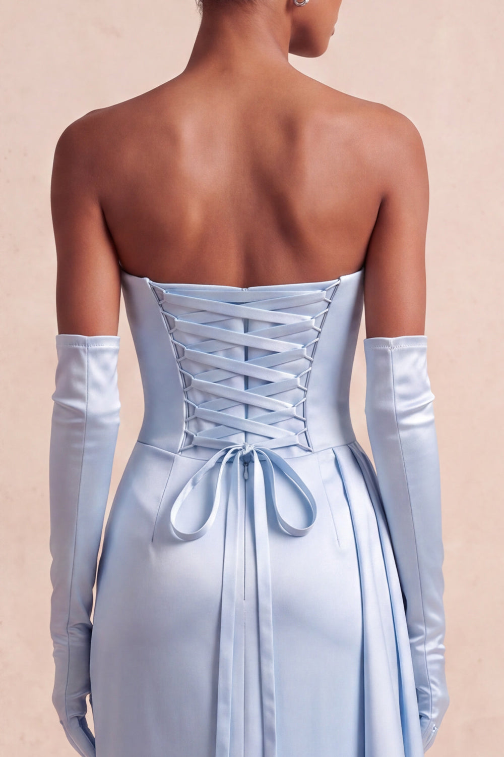 Sky Blue Satin Floral Mermaid Strapless Long Formal Dress with Side Cape