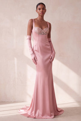 Pink Satin Mermaid Thick Straps Sequin Long Formal Dress
