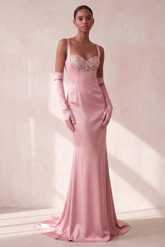 Pink Satin Mermaid Thick Straps Sequin Long Formal Dress
