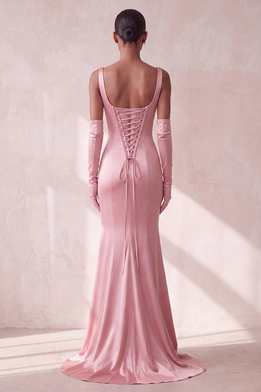 Pink Satin Mermaid Thick Straps Sequin Long Formal Dress