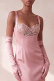Pink Satin Mermaid Thick Straps Sequin Long Formal Dress