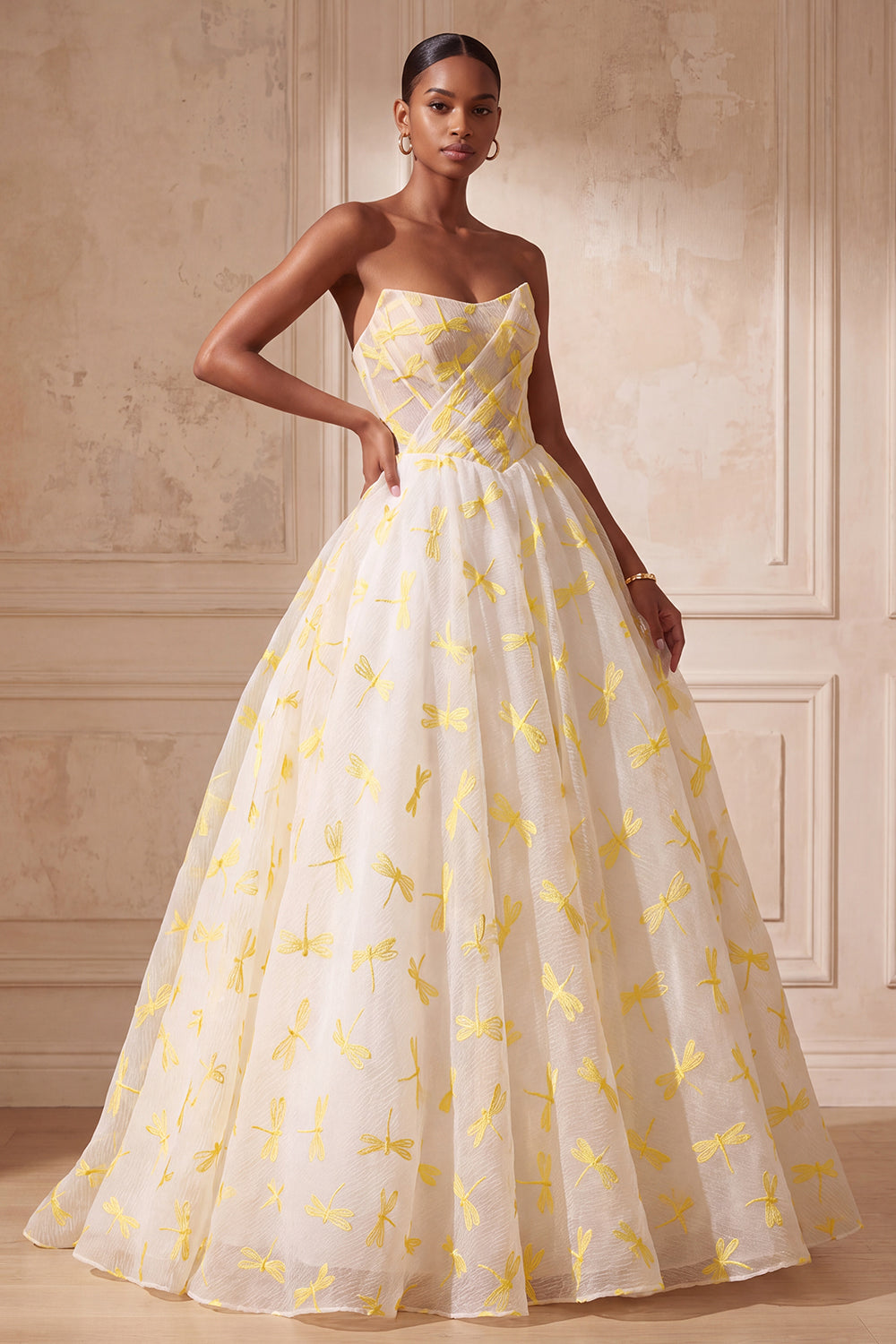 Ivory Dragonfly Printed Ruched Strapless Ball Gown Long Prom Dress
