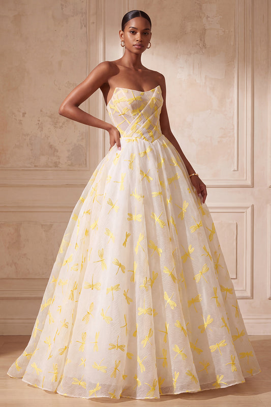 Ivory Dragonfly Printed Ruched Strapless Ball Gown Long Prom Dress