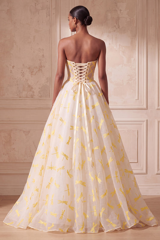 Ivory Dragonfly Printed Ruched Strapless Ball Gown Long Prom Dress