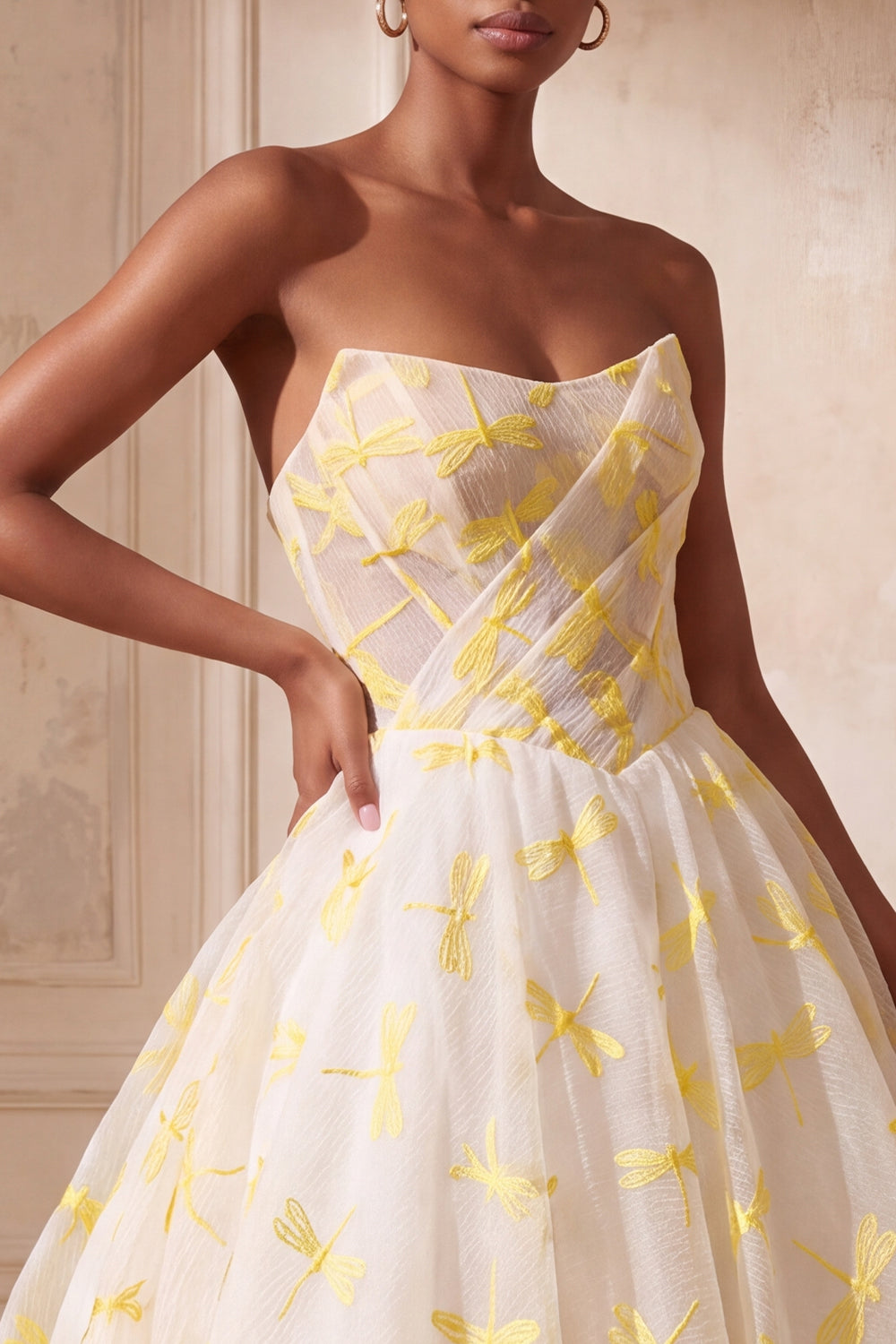 Ivory Dragonfly Printed Ruched Strapless Ball Gown Long Prom Dress