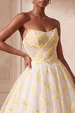 Ivory Dragonfly Printed Ruched Strapless Ball Gown Long Prom Dress