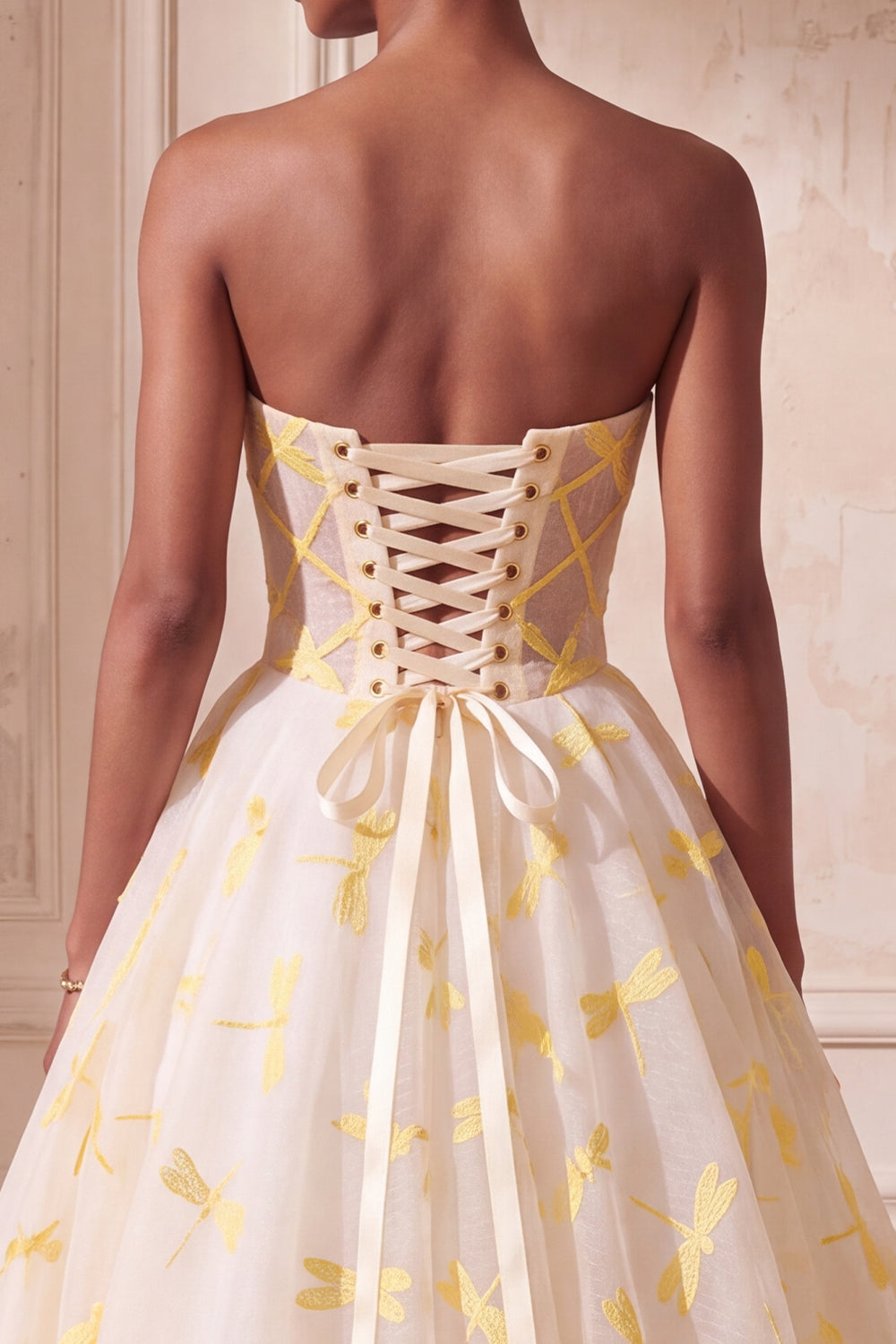 Ivory Dragonfly Printed Ruched Strapless Ball Gown Long Prom Dress