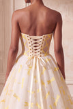 Ivory Dragonfly Printed Ruched Strapless Ball Gown Long Prom Dress