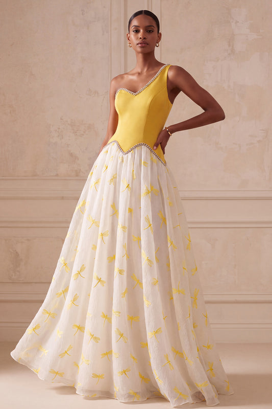 Yellow Dragonfly Printed A-Line One Shoulder Long Prom Dress with Beading