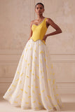 Yellow Dragonfly Printed A-Line One Shoulder Long Prom Dress with Beading