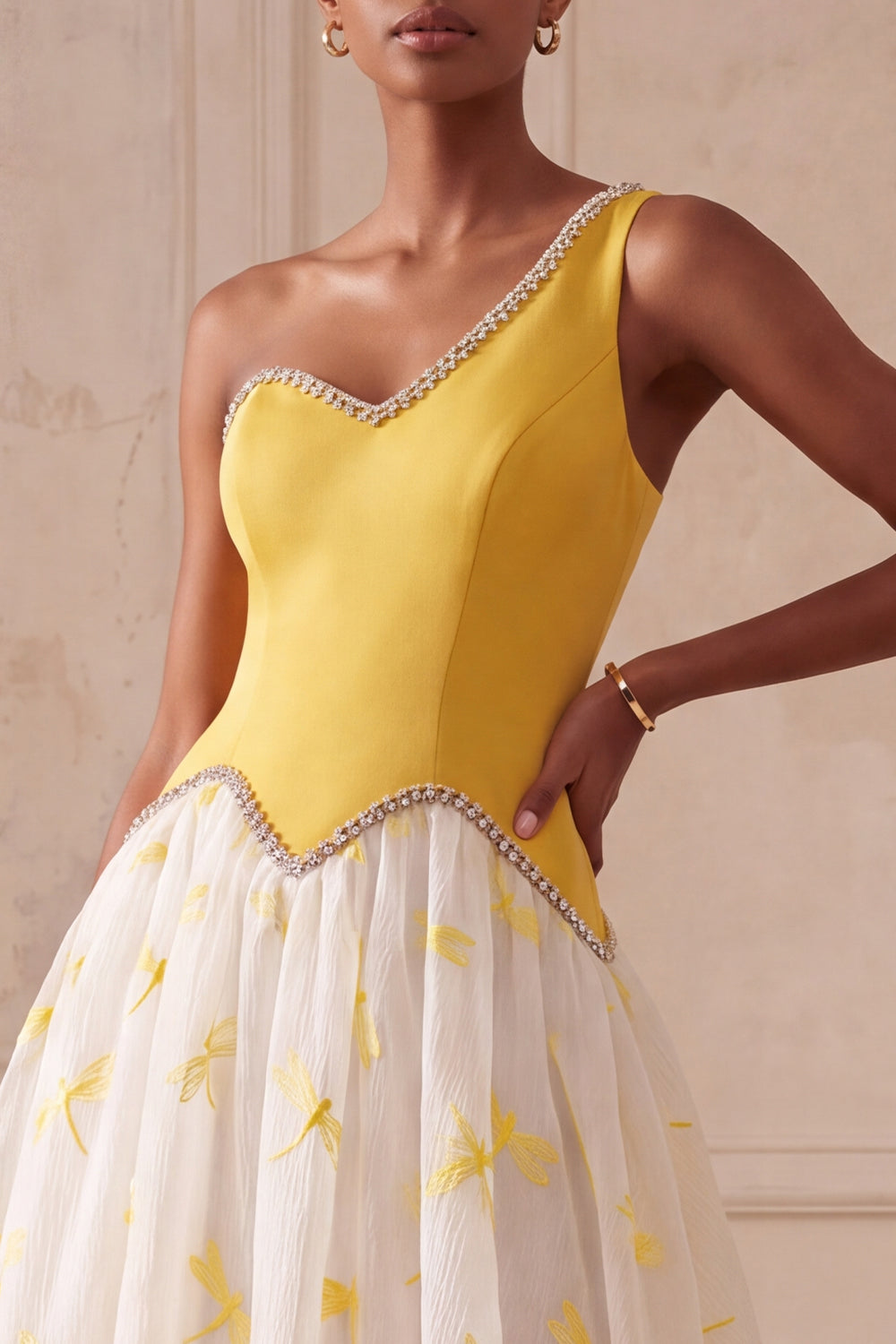 Yellow Dragonfly Printed A-Line One Shoulder Long Prom Dress with Beading
