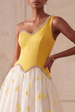 Yellow Dragonfly Printed A-Line One Shoulder Long Prom Dress with Beading