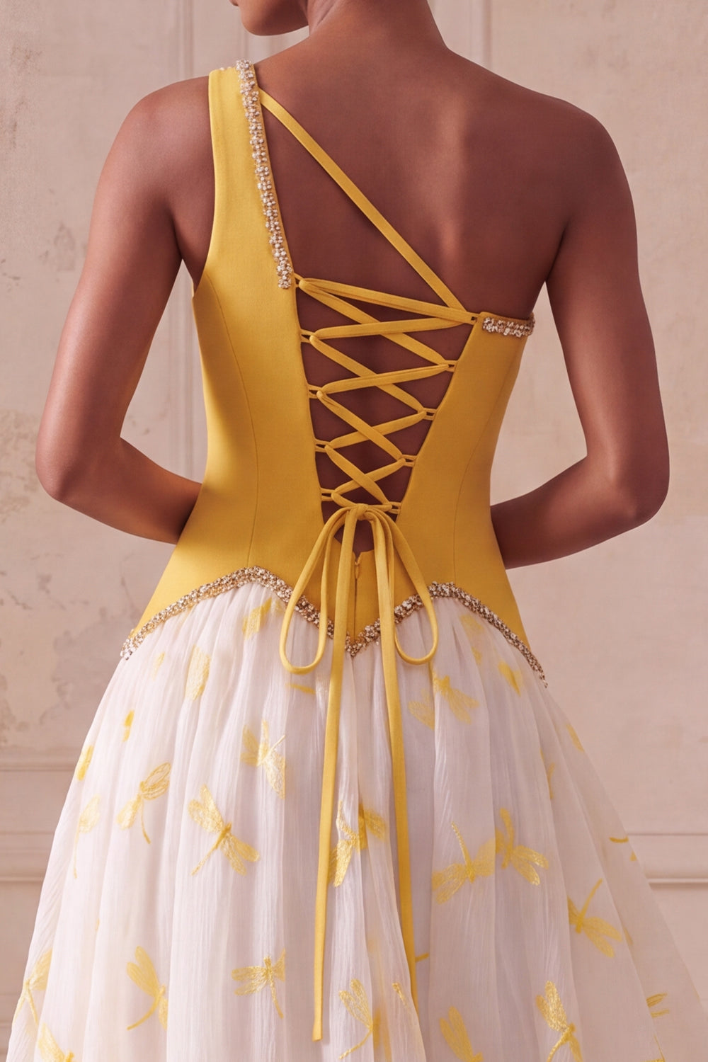 Yellow Dragonfly Printed A-Line One Shoulder Long Prom Dress with Beading