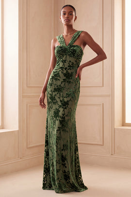 Eucalyptus Sheath Floral Halter Ruched Long Velvet Holiday Dress