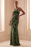 Eucalyptus Sheath Floral Halter Ruched Long Velvet Holiday Dress