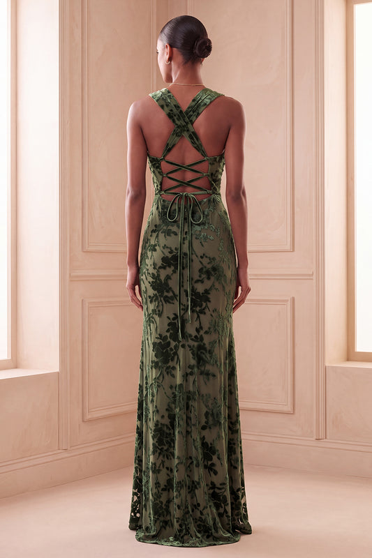 Eucalyptus Sheath Floral Halter Ruched Long Velvet Holiday Dress