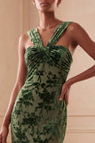 Eucalyptus Sheath Floral Halter Ruched Long Velvet Holiday Dress
