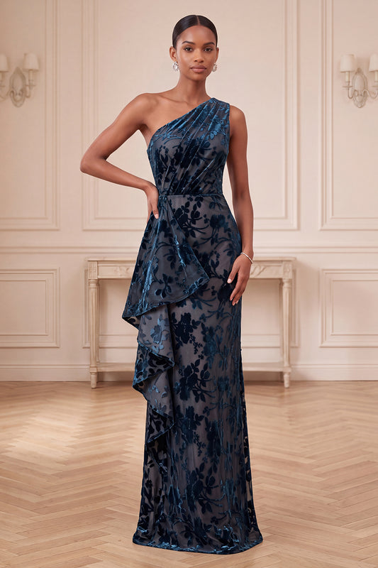 Navy One Shoulder Sheath Floral Long Velvet Holiday Dress with Ruffles